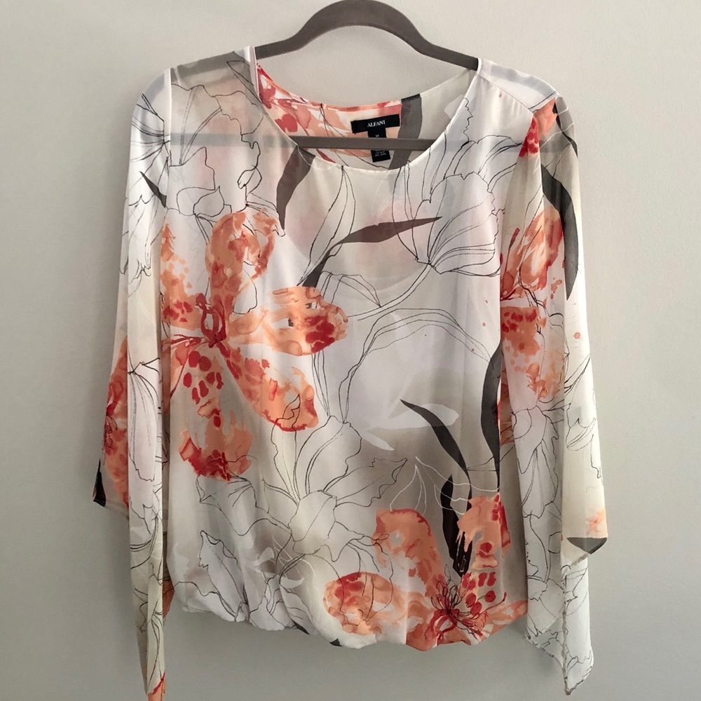 Alfani Orange Floral Sheer Sleeve Blouse